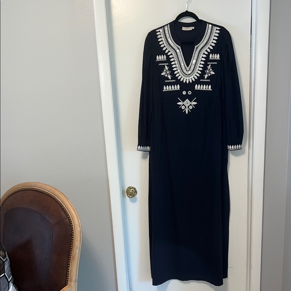 Tory Burch Navy Dress with White Embroidery